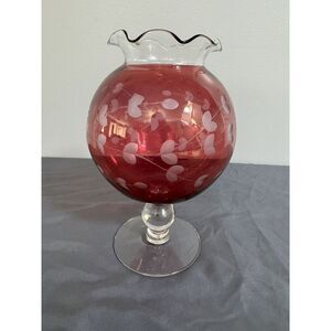 Vintage cranberry flash cut Clear floral Footed‎ rose Dish